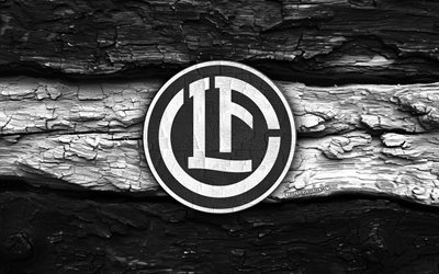 logotipo de madeira do fc lugano, 4k, fundo de madeira branco preto, superliga suíça, futebol, fc lugano logo, emblema do fc lugano, fc lugano, clube de futebol suíço, lugano fc