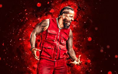 4k, jimmy uso, alegría, fondo abstracto rojo, wwe, creativo, luchador americano, jonathan solofa fatu, nxt, luces de neón rojas, entretenimiento de lucha libre mundial, luchadores, jimmy uso 4k