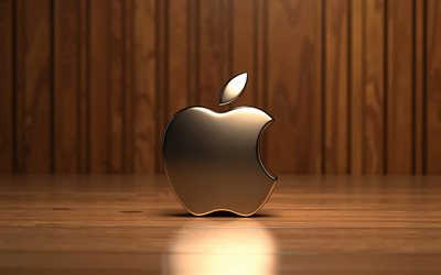 شعار أبل المعدني, 4k, خلفية خشبية, تقليلية, خوخه, العلامات التجارية للإلكترونيات, شعار أبل ثلاثي الأبعاد, العلامات التجارية, عمل فني, شعار أبل, تفاحة