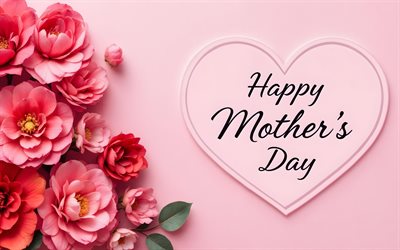 4k, hyvää äitienpäivää, luova, vaaleanpunainen sydän, onnittelukortti, vaaleanpunainen tausta, hyvää äitienpäivää käsitteet, vaaleanpunaiset kukat, kalligrafiset kirjaimet, hyvää äitienpäivää kirjoitus