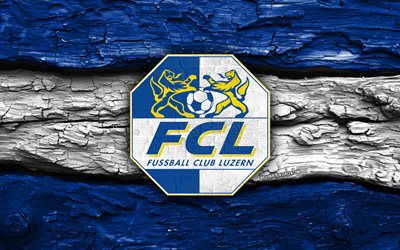 holzlogo des fc luzern, 4k, blau weißer holzhintergrund, schweizer super league, fußball, fc luzern logo, fc luzern emblem, fc luzern, schweizer fußballverein, luzerner fc