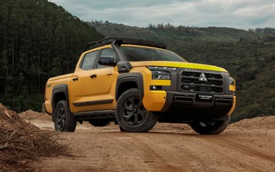 4k, 三菱 トリトン サバナ, 森, 2026 台の車, ピックアップ, オフフォラド, 三菱トライトン, suv, 黄色の三菱トリトン, 2026 三菱トライトン, 日本車, 三菱