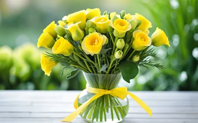 sarı eustoma, 4k, bahçe, cam vazo, bokeh, eustoma buketi, güzel çiçekler, eustoma ile arka plan, sarı çiçekler, eustoma