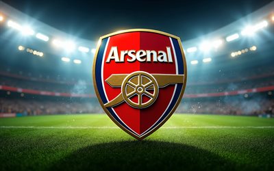 4k, logo métallique d'arsenal fc, projecteurs, stade de football, première ligue, football, logo arsenal fc, équipe de football anglaise, logo 3d d'arsenal fc, arsenal fc