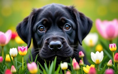 4k, cucciolo di labrador nero, fiori colorati, primavera, bokeh, cani, simpatici animali, cuccioli, animali domestici, labrador nero, fiori primaverili, labrador, cucciolo sul prato, cane labrador