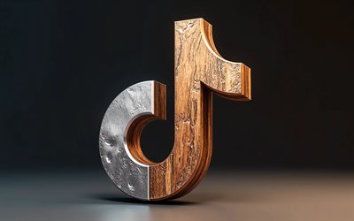 TikTok wooden metal logo, 4k, minimalsim, dark background, creative, TikTok two-material logo, TikTok 3D logo, social networks, TikTok logo, TikTok