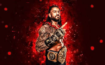 4k, le règne romain, fond abstrait rouge, wwe, créatif, lutteur américain, leati joseph anoai, roman reigns avec ceinture, néons rouges, divertissement de lutte mondiale, lutteurs, le règne romain 4k