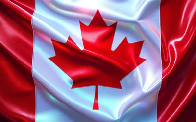 kanada holografik bayrağı, 4k, kapatmak, kumaş dalgalı bayraklar, kanada bayrağı, kanada 3d bayrağı, kanada, kanada günü, kanada ulusal sembolleri, kanada ipek bayrağı