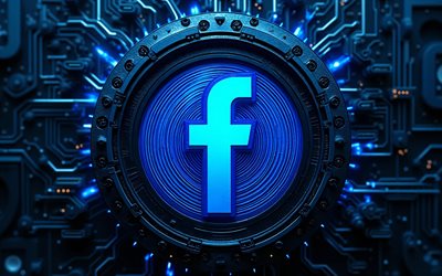 facebook'un 3d logosu, 4k, karanlık yüksek teknoloji arka planı, mavi neon ışıkları, iletkenler, mikrodevre, sosyal ağlar, facebook'un mavi logosu, markalar, sanat eseri, facebook logosu, facebook