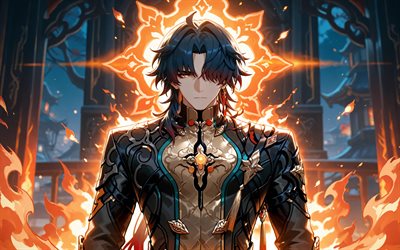 lame, 4k, feu flammes, château, rail étoilé honkai, nuit, yeux de feu, personnages d'anime, mangas, personnages honkai star rail, chasseurs de stellaron, lame honkai star rail