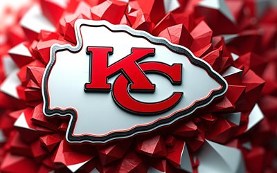logotipo 3d do kansas city chiefs, 4k, bokeh, fundo 3d vermelho, nfl, futebol americano, logotipo do kansas city chiefs, chefes kc, time de futebol americano, chefes de kansas city