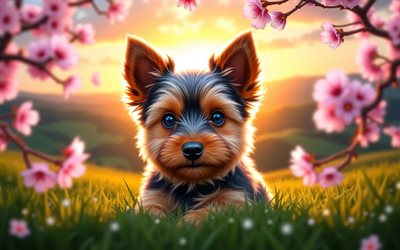 4k, yorkshire terrier yavrusu, gün batımı, bahar, kiraz çiçeği, köpekler, sevimli hayvanlar, yavru köpekler, evcil hayvanlar, yorkshire teriyeri, bokeh, bahar çiçekleri, yorkshire teriyer köpeği