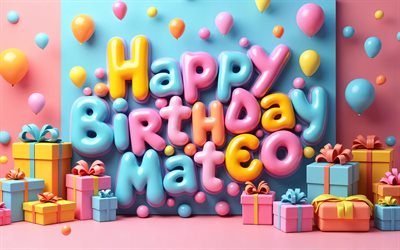 4k, マテオお誕生日おめでとう, カラフルな3d文字, マテオの名前, カラフルなギフトボックス, マテオの誕生日, 3dバルーン, 人気のあるアメリカ人男性の名前, マテオさんお誕生日おめでとう, マテオの名前が入った写真, マテオ