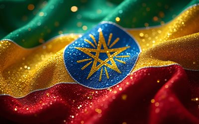 äthiopische flagge, 4k, edelsteine, flagge von äthiopien, kristalle, glänzende steine, äthiopien, kreative kunst, rote und gelbe edelsteine, gelbe kristalle, äthiopien flagge