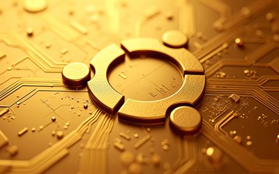 우분투 골드 메탈 로고, 4k, 리눅스, 우분투 골드 사인, 골드 마더보드, 리눅스 우분투, 금 기술 배경, 우분투 엠블럼, 우분투 3d 로고, 우분투 로고, 우분투