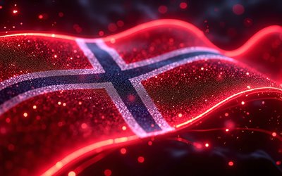 drapeau lumineux de la norvège, 4k, obscurité, drapeau de la norvège, bokeh, jour de la norvège, art 3d, drapeau norvégien, drapeau néon de norvège, vagues de néon drapeau de la norvège, norvège, drapeau 3d de la norvège, drapeau abstrait de la norvège
