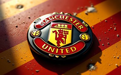 マンチェスター・ユナイテッドfcのメタルロゴ, 4k, 赤黄色の金属の背景, プレミアリーグ, マンユナイテッド, マンチェスター・ユナイテッドのロゴ, マンチェスター・ユナイテッドfcのロゴ, マンチェスター・ユナイテッドfcのエンブレム, イングランド, マンチェスター・ユナイテッドfc