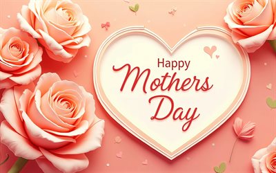 hyvää äitienpäivää, 4k, vaaleanpunainen sydän, onnittelukortti, vaaleanpunainen tausta, hyvää äitienpäivää käsitteet, vaaleanpunaiset ruusut, kalligrafiset kirjaimet, hyvää äitienpäivää kirjoitus