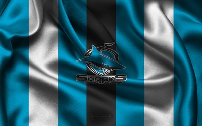 4k, cronulla sutherland sharks logo, australisches rugby team, nrl, blau weißer seidenstoff, nationale rugby liga, cronulla sutherland sharks emblem, cronulla sutherland haie, australien, rugby, cronulla sutherland sharks schild