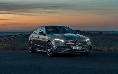 mercedes benz c 300 amg line, 4k, scheinwerfer, 2026 autos, sonnenuntergang, w206, limousinen, 2026 mercedes benz c klasse, deutsche autos, mercedes