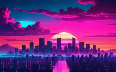 4k, soyut şehir manzarası, ay, ufuk çizgisi, gün batımı, retrodalga sanatı, futuresynth, yaratıcı, geri dalga, soyut şehir manzarası arka planları, retrodalga şehir manzaraları, soyut şehir manzaraları