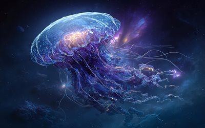 जेलिफ़िश, 4k, काल्पनिक कला, आसमान में चमकती जेलीफ़िश, तारों से आकाश, अंतरिक्ष में मेडुसा, ब्रह्मांड, रचनात्मक कला, चमकती जेलिफ़िश