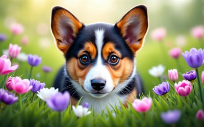 4k, hırka welsh corgi köpek yavrusu, renkli çiçekler, bahar, bokeh, köpekler, sevimli hayvanlar, yavru köpekler, evcil hayvanlar, hırka galce corgi, bahar çiçekleri, corgi, çimenlerin üzerinde köpek yavrusu, hırka welsh corgi köpek