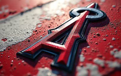 Los Angeles Angels steel logo, white red metal background, Los Angeles Angels sign, metal art, Los Angeles Angels emblem, baseball, MLB, USA, Los Angeles Angels logo, Los Angeles Angels