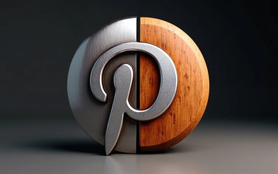 pinterest 나무 금속 로고, 4k, 최소심, 어두운 배경, 창의적인, pinterest 두 가지 소재 로고, 핀터레스트 3d 로고, 소셜 네트워크, 핀터레스트 로고, 핀터레스트