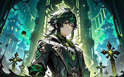 किनिच, 4k, हरी चमक, जेनशिन प्रभाव, महल, एनिमे पात्र, जेनशिन इम्पैक्ट पात्र, किनिच जेनशिन प्रभाव