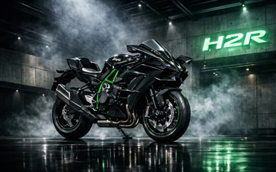 kawasaki ninja h2r, 4k, edestä katsottuna, ulkopuoli, musta urheilupyörä, kawasaki ninja h2, japanilaiset urheilumoottoripyörät, kawasaki