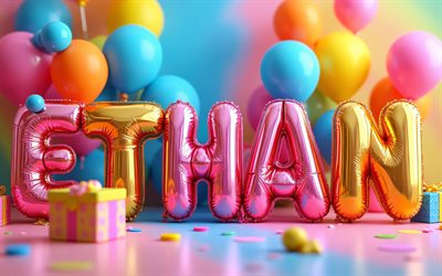 4k, イーサンお誕生日おめでとう, カラフルな3d文字, イーサンの名前, カラフルなギフトボックス, イーサンの誕生日, 3dバルーン, 人気のあるアメリカ人男性の名前, イーサン、お誕生日おめでとう, イーサンの名前が入った写真, イーサン