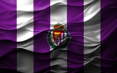 4k, véritable logo de valladolid, fond 3d blanc violet, véritable emblème de valladolid, division seconde, equipe espagnole de football, drapeau du vrai valladolid, textures 3d, real valladolid, football, espagne, real valladolid cf