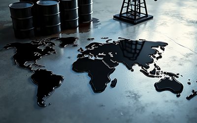 carte mondiale du pétrole, 4k, plate forme pétrolière, production mondiale de pétrole, carte du monde, notions de pétrole, concepts de production pétrolière, huile déversée, barils de pétrole, marchés pétroliers mondiaux