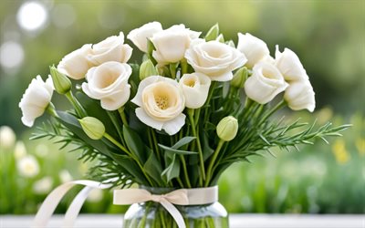 bej eustoma, 4k, bahçe, cam vazo, bokeh, eustoma buketi, güzel çiçekler, eustoma ile arka plan, bej çiçekler, eustoma