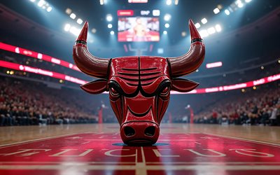 4k, शिकागो बुल्स धातु लोगो, रोशनी, बास्केटबॉल स्टेडियम, एनबीए, रचनात्मक, बास्केटबाल, शिकागो बुल्स लोगो, शिकागो बुल्स 3डी लोगो, अमेरिकी बास्केटबॉल टीम, शिकागो बैल