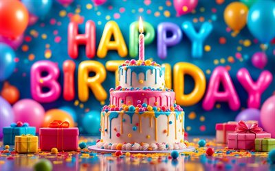 3段バースデーケーキ, 4k, キャンドル1本, 1周年おめでとうございます, お誕生日おめでとう, カラフルなギフトボックス, 色とりどりの誕生日ケーキ, 誕生日ケーキ, お誕生日おめでとうの概念, 1周年, 誕生日ケーキとキャンドル