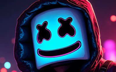 4k, dj marshmello, bokeh, masque éclatant, christophe comstock, étoiles de la musique, nuit, chanteurs populaires, dj américain, superstars, marshmello, dj, marshmello 4k