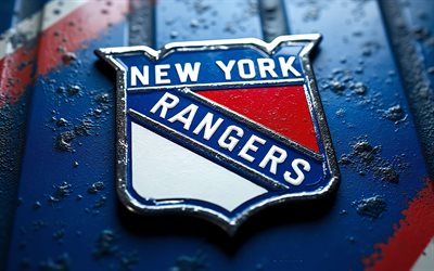 logotipo metálico do new york rangers, 4k, fundo de metal azul, nhl, logotipo do new york rangers, emblema do new york rangers, eua, rangers de nova york, hóquei