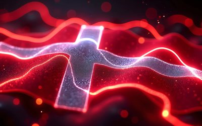 Denmark glowing flag, 4k, darkness, flag of Denmark, Day of Denmark, bokeh, Danish flag, Denmark neon flag, neon waves Denmark flag, Denmark 3D flag, Denmark abstract flag, Denmark