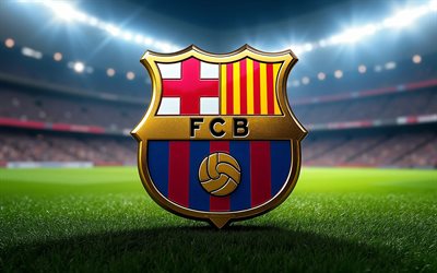 4k, metalllogo des fc barcelona, laliga, bokeh, fußballstadion, scheinwerfer, fußball, fc barcelona logo, 3d logo des fc barcelona, fc barcelona, la liga, fcb, spanischer fußballverein