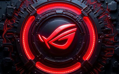 asus rog 3d logosu, 4k, karanlık yüksek teknoloji arka planı, kırmızı neon ışıkları, iletkenler, oyuncular cumhuriyeti, elektronik markalar, asus rog'un parlayan logosu, rog logosu, asus rog logosu, asus rog