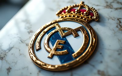 real madrid mermer logosu, beyaz taş arka plan, real madrid amblemi, taş sanatı, real madrid logosu, real madrid imzası, la liga, ispanya, futbol, real madrid, real madrid cf logosu, real madrid cf'si