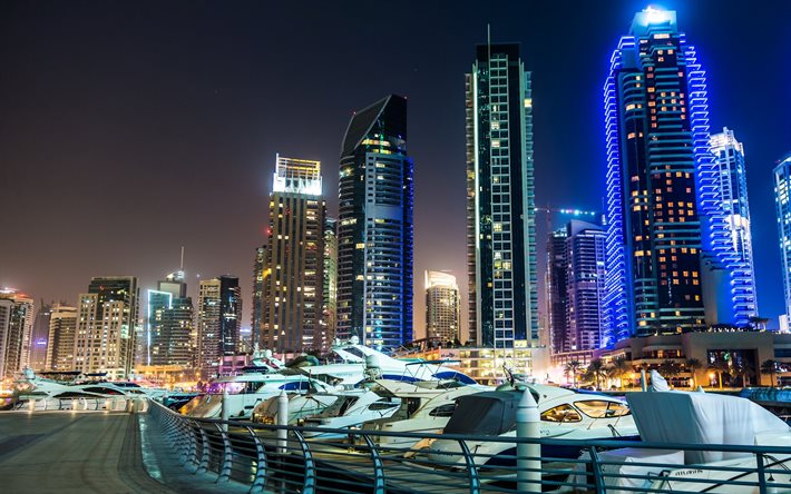United Arab Emirates, Dubai, skyscrapers, yacht, night, UAE