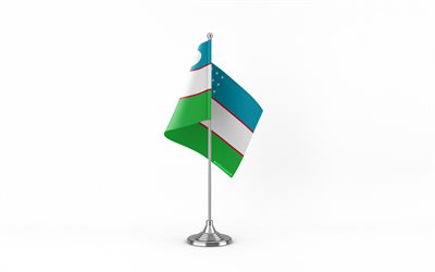 4k, 우즈베키스탄 테이블 플래그, 흰 바탕, 우즈베키스탄 국기, 우즈베키스탄의 테이블 플래그, 금속 스틱에 우즈베키스탄 깃발, 우즈베키스탄의 깃발, 국가 상징, 우즈베키스탄