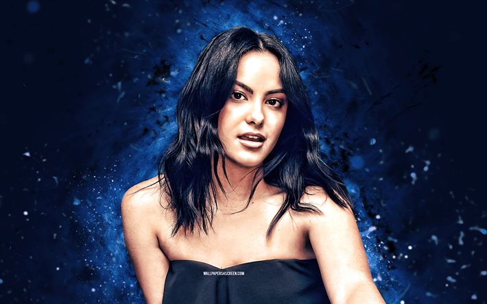Camila Mendes, 4k, blue neon lights, american actress, movie stars, blue abstract background, Hollywood, Camila Carraro Mendes, american celebrity, superstars, Camila Mendes 4K
