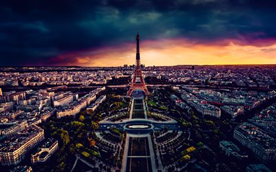 4k, 에펠 탑, 일몰, 파리 랜드 마크, hdr, 프랑스 도시, 파리, 프랑스, 유럽, 파리 파노라마, 파리시 스케이프