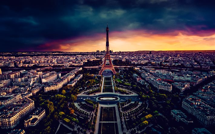 4k, eiffeltornet, solnedgång, paris landmärken, hdr, franska städer, paris, frankrike, europa, parispanorama, stadsbild i paris