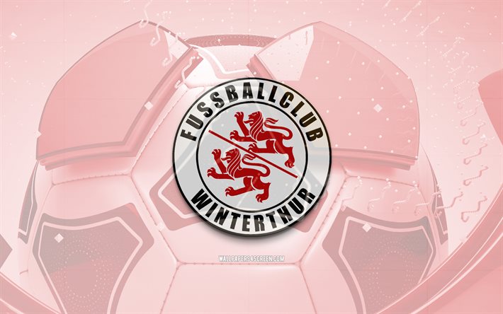 FC Winterthur glossy logo, 4K, red football background, Swiss Super League, soccer, Swiss football club, FC Winterthur 3D logo, FC Winterthur emblem, Winterthur FC, football, sports logo, FC Winterthur