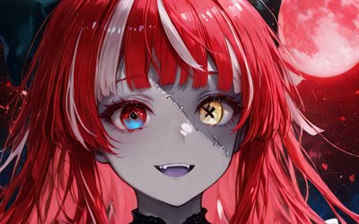 4k, kureiji ollie, 빨간 달, 가상 youtuber, 클로즈업, vtuber, 좀비, 초상화, 홀로 리브, 헤테로 크로 미아, 만화, kureiji ollie 채널